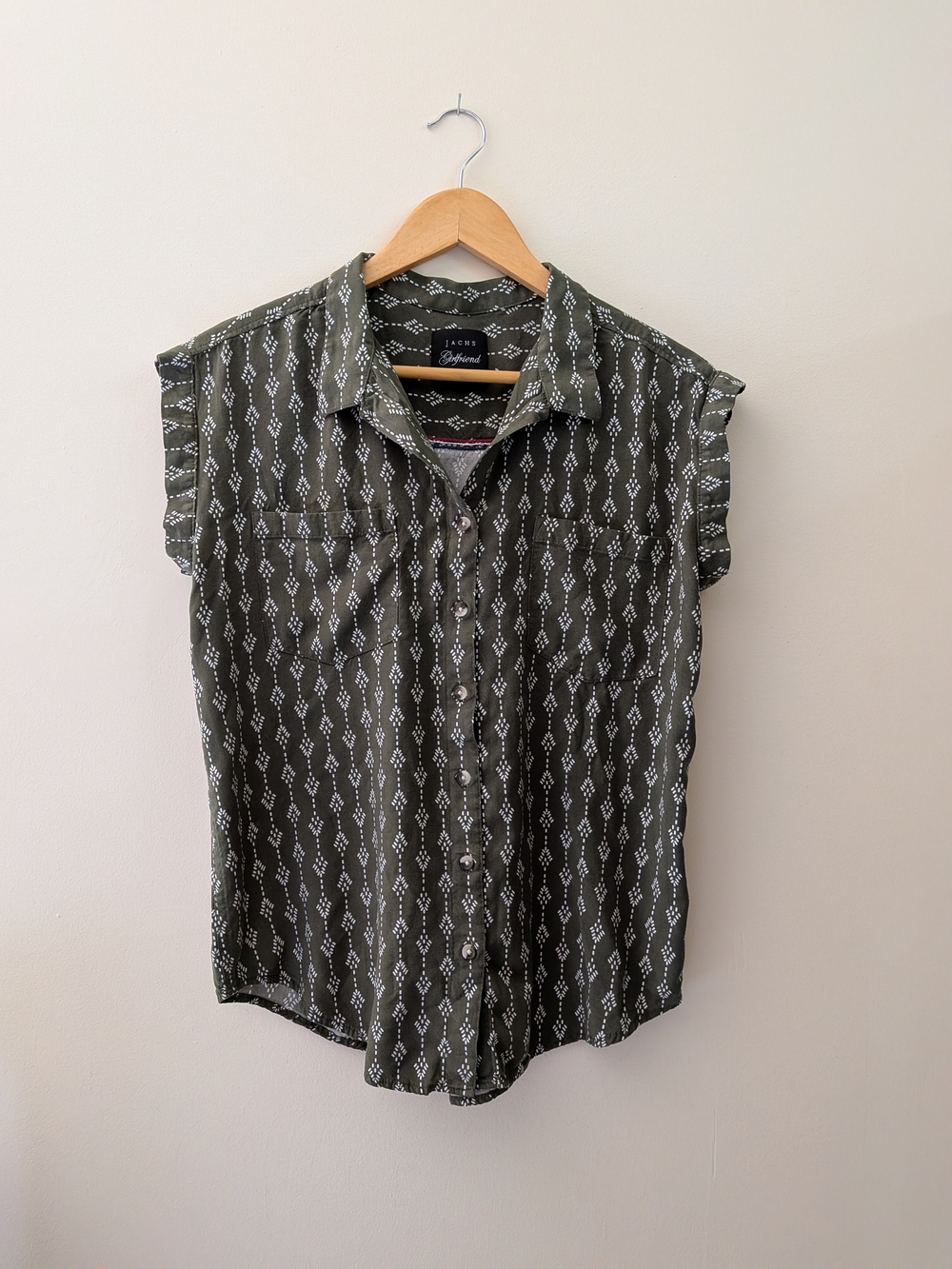 J. Crew Olive Green Diamond-Print Sleeveless Button-Down Shirt